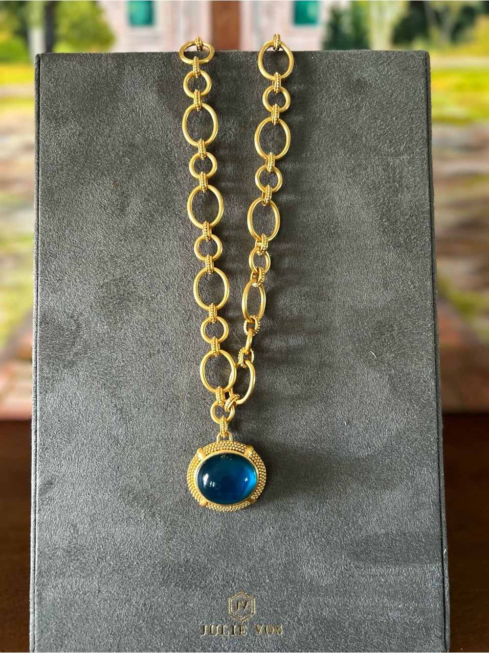 Julie Vos Gold Chain Necklace with London Blue Glass Pendant